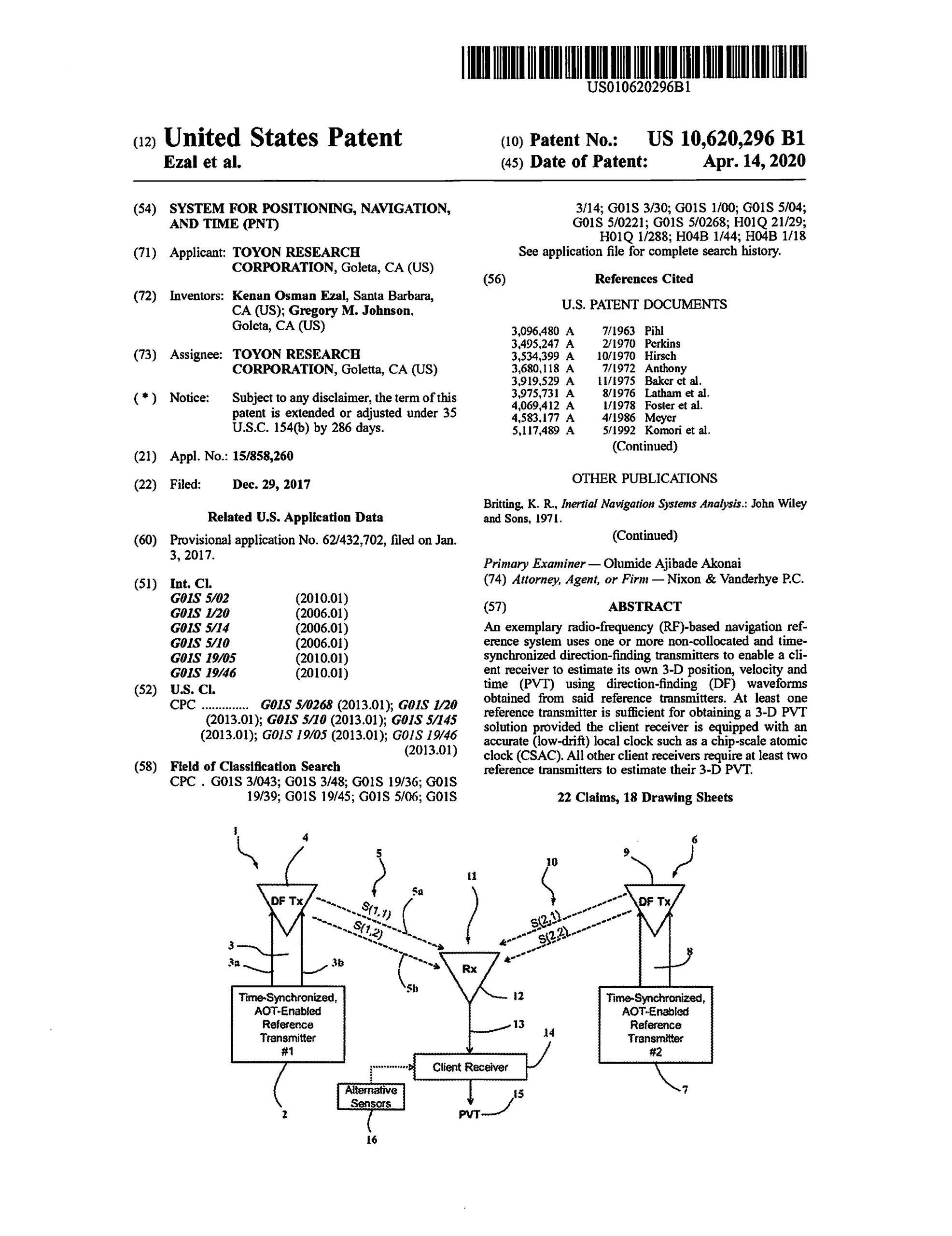 US Patent issued to Toyon entitled “System for Positioning, Navigation, and Time (PNT)"
