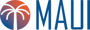 MAUI logo comprised of a circle with a gradient of red orange to blue with a white palm tree like shape in the center